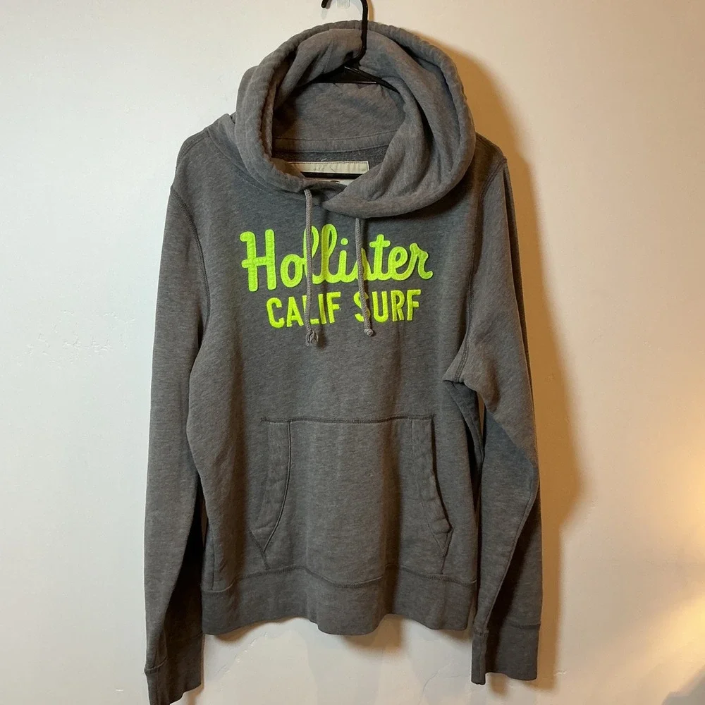 Hollister California Surf Hoodie Gray Neon‎ Yellow Logo Pullover XL